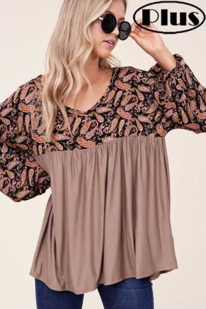 27 CP-J {Sweet Soul} Brown Paisley Babydoll Top PLUS SIZE 1X 2X 3X