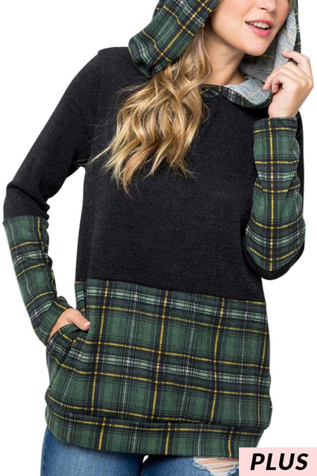 SALE! 23 HD-E {Having A Good Time}  Black With Green Plaid Hoodie PLUS SIZE XL 2X 3X