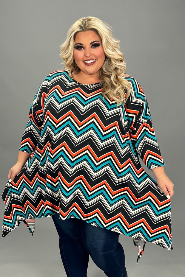 SALE!!1- 23 PSS {Bold In Every Way} Black/Rust/Teal Zig-Zag Print Top Extended Plus