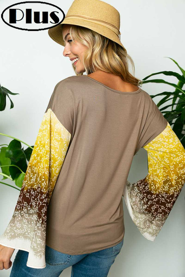 15 CP {Strive For Excellence} Taupe Top W/Print Sleeves PLUS SIZE 1X 2X 3X