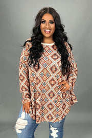 1-26 PLS {Favorite Day} Rust/Navy Print Long Sleeve Top PLUS SIZE XL 2X 3X