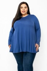 26 SLS {Sail On By} Yale Blue Rounded Hem Long Sleeve Top EXTENDED PLUS SIZE 3X 4X 5X