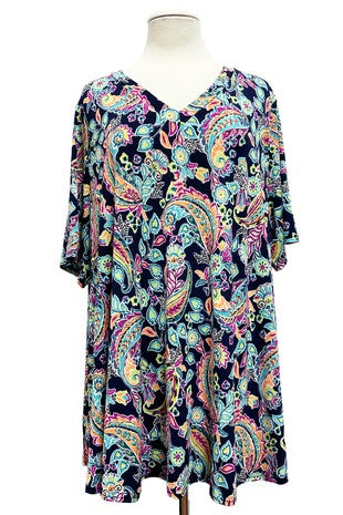 27 PSS {Breaking Hearts} Mint/Navy Paisley V-Neck Top EXTENDED PLUS SIZE 3X 4X 5X