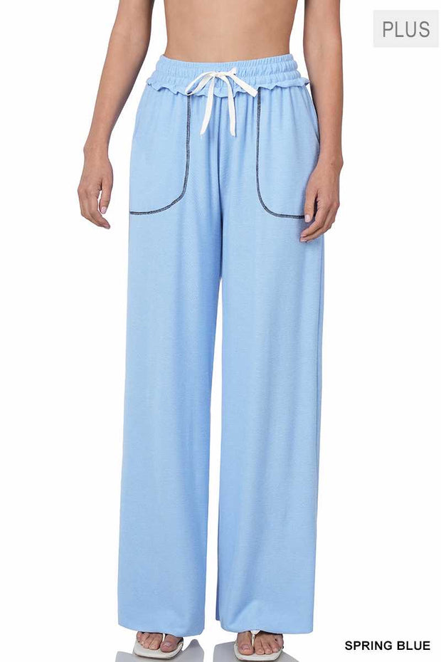 BT-99 {Seal The Deal} Spring Blue Wide Leg Joggers  PLUS SIZE 1X 2X 3X