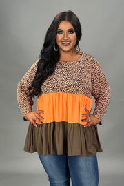 01-  16 CP {Candy Corn} Brown/Orange Print Tiered Top PLUS SIZE 1X 2X 3X