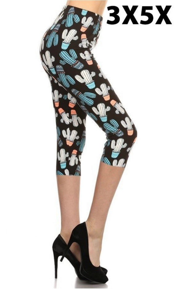 SALE!! LEG-44 {Cactus Garden} Cactus Print Capri Leggings EXTENDED PLUS SIZE 3X/5X