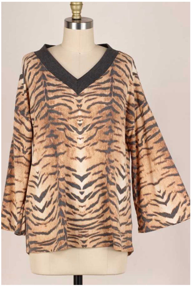 1- 25 PLS-D {Wildly Cute} Tan Tiger Print Top PLUS SIZE XL 2X 3X