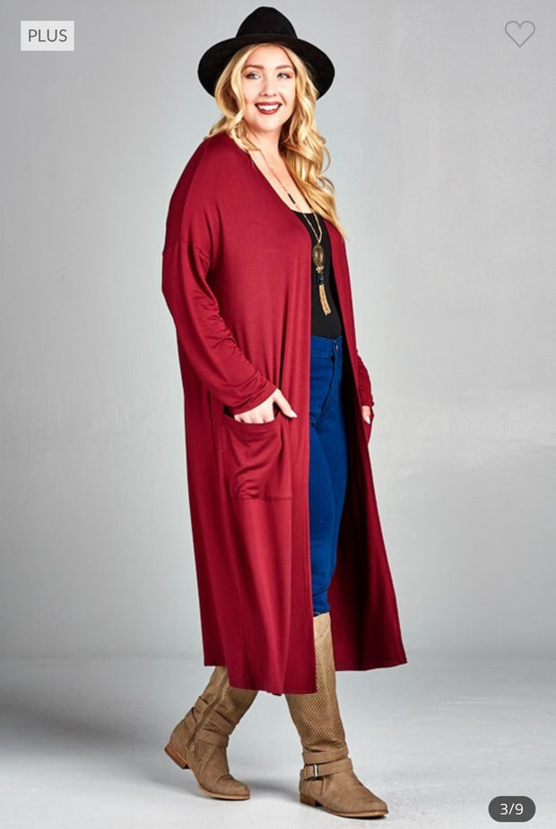LD-Q {Class And Charm} Burgundy Long Duster w/Pockets PLUS SIZE XL