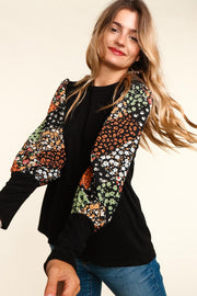 1-48 PLS {Artistic Nature} Black Top w/Floral Sleeves PLUS SIZE XL 2X 3X