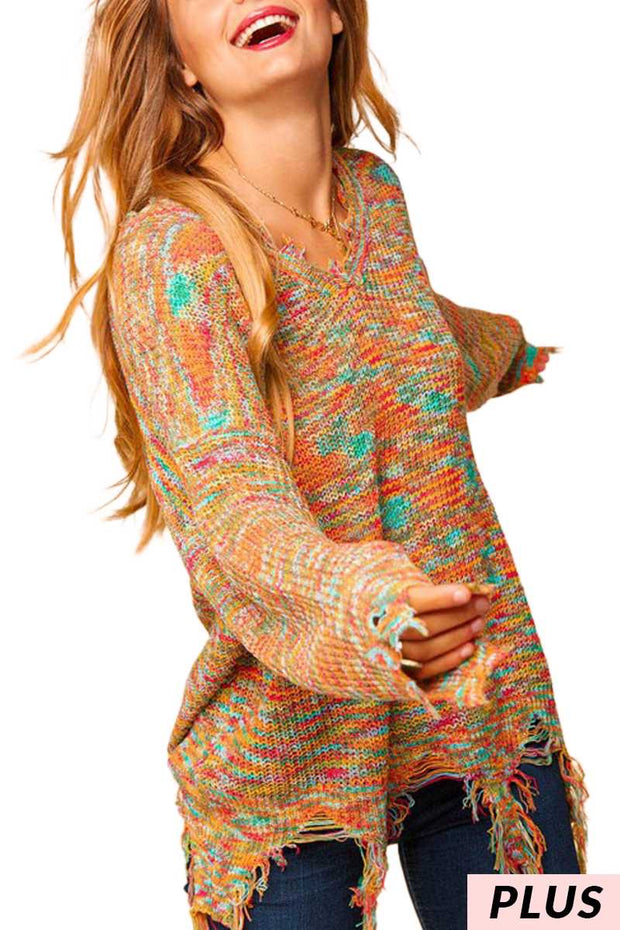 1-35 SLS-A (Break It Down} Multi-Color V-Neck Sweater PLUS SIZE 1X 2X 3X