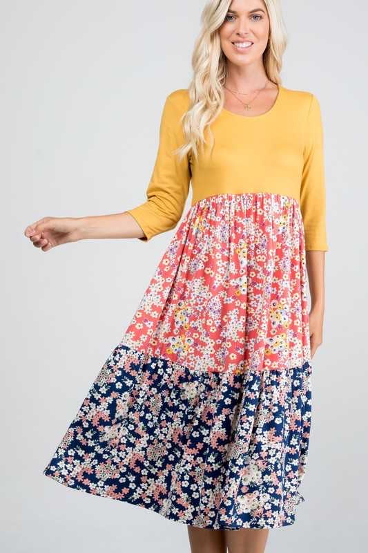 46 CP-C {Bohemian Dreams} Mustard Floral Contrast Dress PLUS SIZE XL 2X 3X