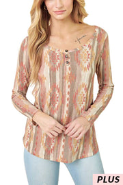 1-28 PLS {Back In Action} Rust/Tan Tribal Print Top PLUS SIZE XL 2X 3X