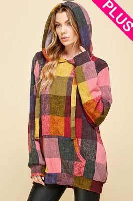 SALE! 56 HD-D {Get On Board} Red/Pink Plaid Hoodie PLUS SIZE 1X 2X 3X