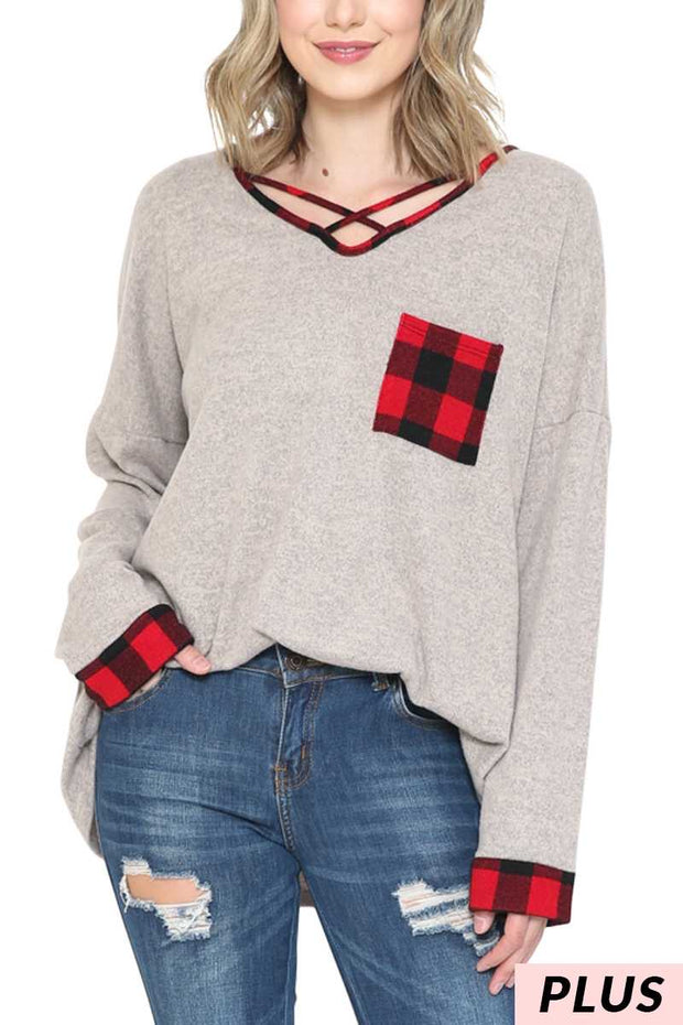 SALE! 15 CP-F {Cute And Cozy}  Grey Red Plaid Neck Detail Tunic PLUS SIZE XL 2X 3X 4X 5X 6X