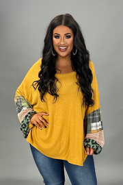 SALE!! 1-12 CP {Secret Love} Mustard Top w/Multi-Print Sleeves PLUS SIZE XL 2X 3X