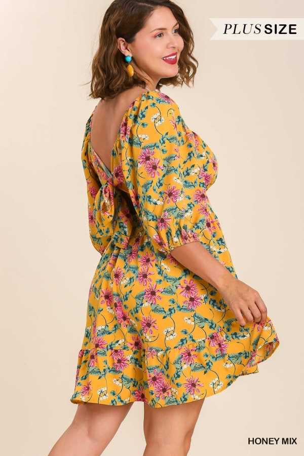 45 PSS-A {Lovely Blossoms} UMGEE Mustard Floral Dress PLUS SIZE XL