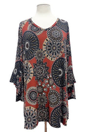 SALE!! 1-13 PQ {Taking Calls} Rust Mandala Print V-Neck Top EXTENDED PLUS SIZE 4X 5X 6X