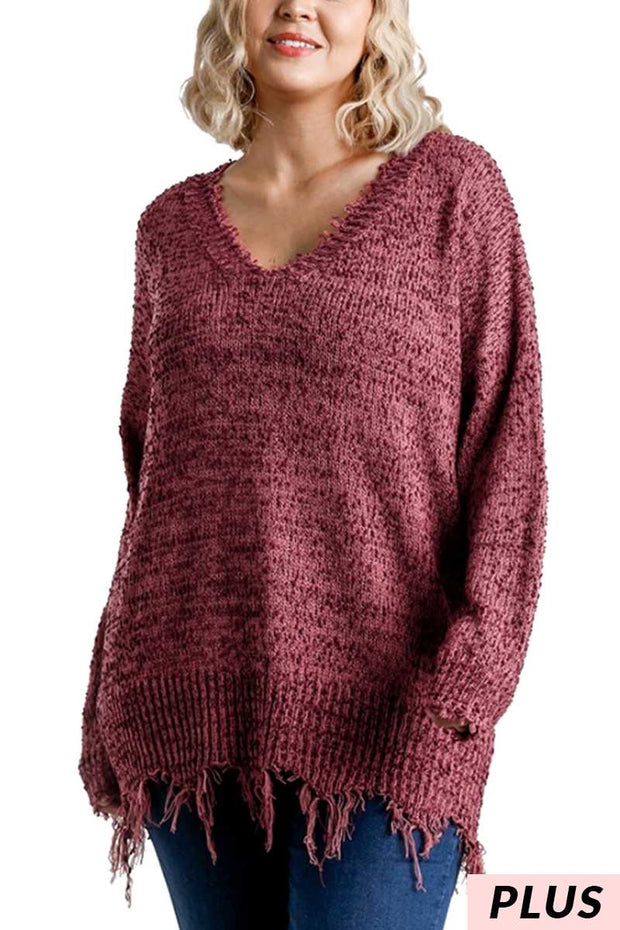 41 SLS-B {Lady Of Luxury} "UMGEE" SALE!!! Wine Sweater W/Fringe PLUS SIZE XL 1X 2X