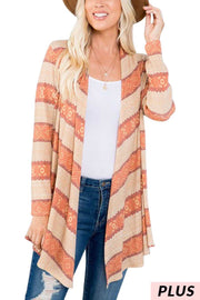 34-OT-X {Chain Of Events} Taupe/Rust Cardigan Plus Size 1X 2X 3X