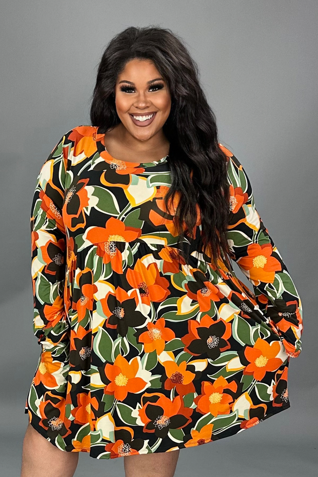 1-54 PLS {Creating Happiness} Rust/Olive Floral Babydoll Dress PLUS SIZE XL 2X 3X