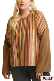 13 PLS {More Than Extra} Brown Sweater Top w/Stripes PLUS SIZE XL 1X 2X