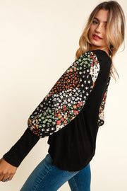 1-48 PLS {Artistic Nature} Black Top w/Floral Sleeves PLUS SIZE XL 2X 3X