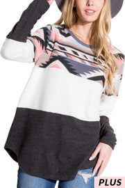 SALE! 25 CP {Market Square} Coral/Charcoal Tribal Print Top PLUS SIZE 1X 2X 3X