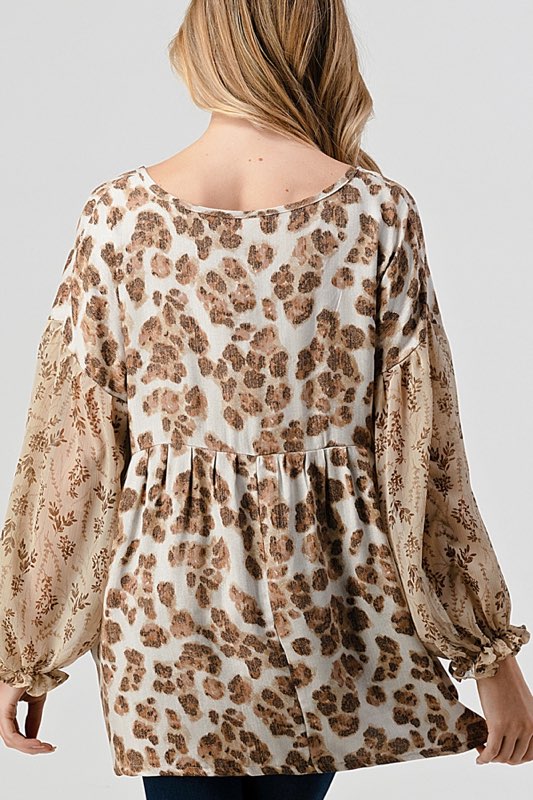 26 CP-L {Fast Lane} Taupe Leopard Print Top W/Floral Sleeve PLUS SIZE 1X 2X 3X