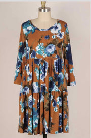 SALE!! 32 PQ-B {Bloom Into Fall} Brown/Blue Floral Tiered Dress PLUS SIZE 1X 2X 3X