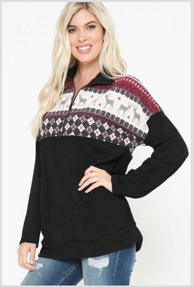 26 CP-F {Ring The Bell} Black Burgundy Reindeer Pullover PLUS SIZE XL 2X 3X