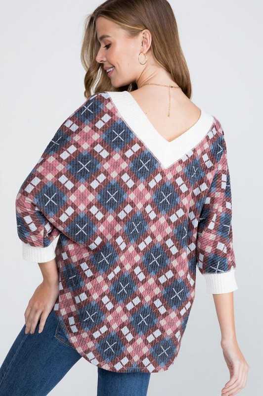 SALE!! 16 CP {X Marks The Top} Burgundy/Blue Check Print Top PLUS SIZE XL 2X 3X