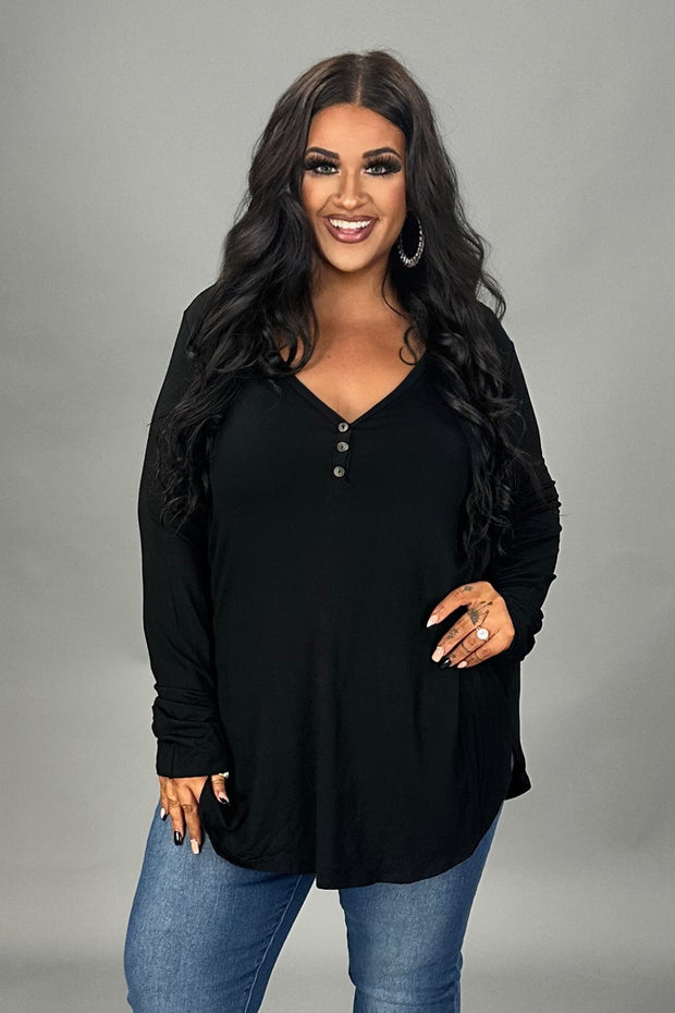 24 SLS {Be Reasonable} Black Long Sleeve V-Neck Top PLUS SIZE 1X 2X 3X