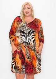 1-85 PQ-Z {Reserved For Fun} Rust Animal Print V-Neck Dress  EXTENDED PLUS SIZE 3X 4X 5X