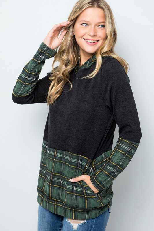 SALE! 23 HD-E {Having A Good Time}  Black With Green Plaid Hoodie PLUS SIZE XL 2X 3X