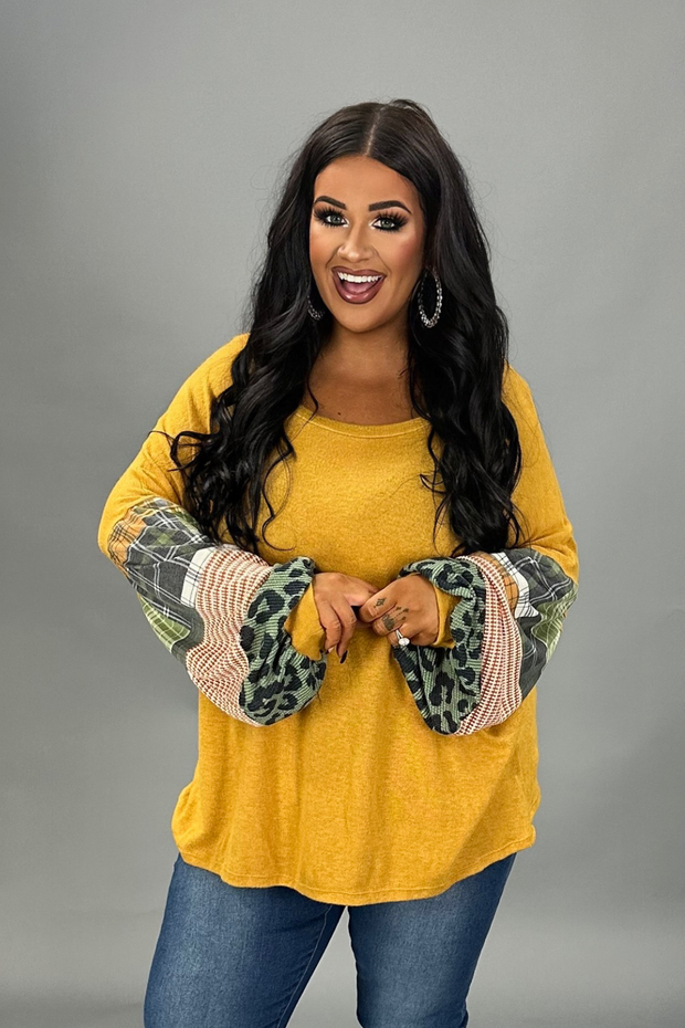 SALE!! 1-12 CP {Secret Love} Mustard Top w/Multi-Print Sleeves PLUS SIZE XL 2X 3X