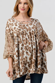 26 CP-L {Fast Lane} Taupe Leopard Print Top W/Floral Sleeve PLUS SIZE 1X 2X 3X