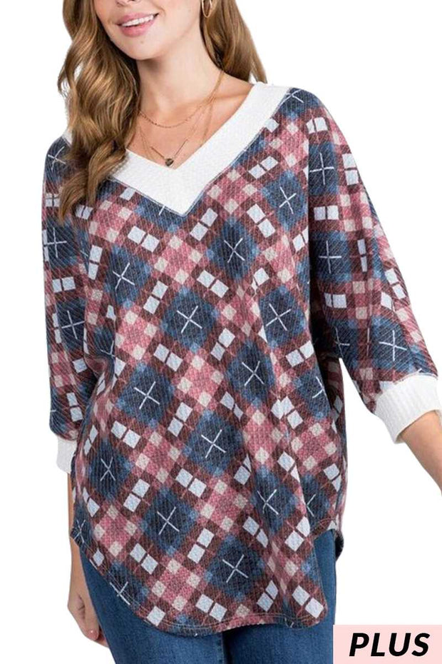 SALE!! 16 CP {X Marks The Top} Burgundy/Blue Check Print Top PLUS SIZE XL 2X 3X