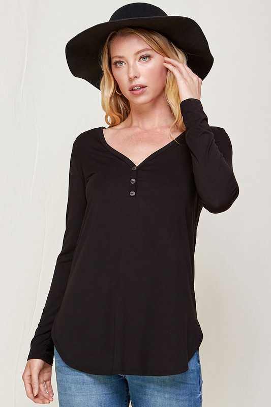 24 SLS {Be Reasonable} Black Long Sleeve V-Neck Top PLUS SIZE 1X 2X 3X