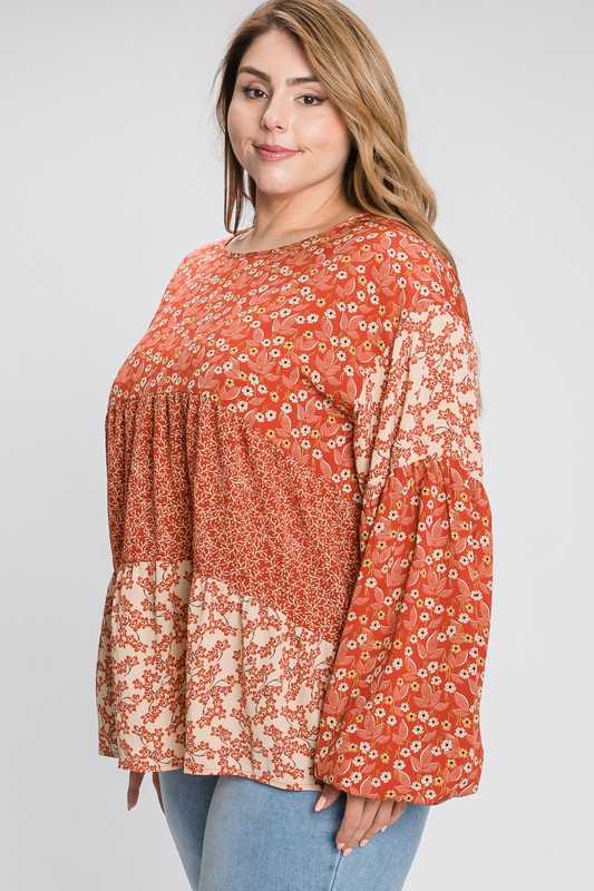 SALE!! 1-19 CP {Flirty Fiesta} Rust Floral Tiered Top PLUS SIZE 1X 2X 3X