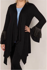 1-45 OT-B {Double Shot} Black Cardigan With Gold Studded Fringe Plus Size 1X 2X 3X