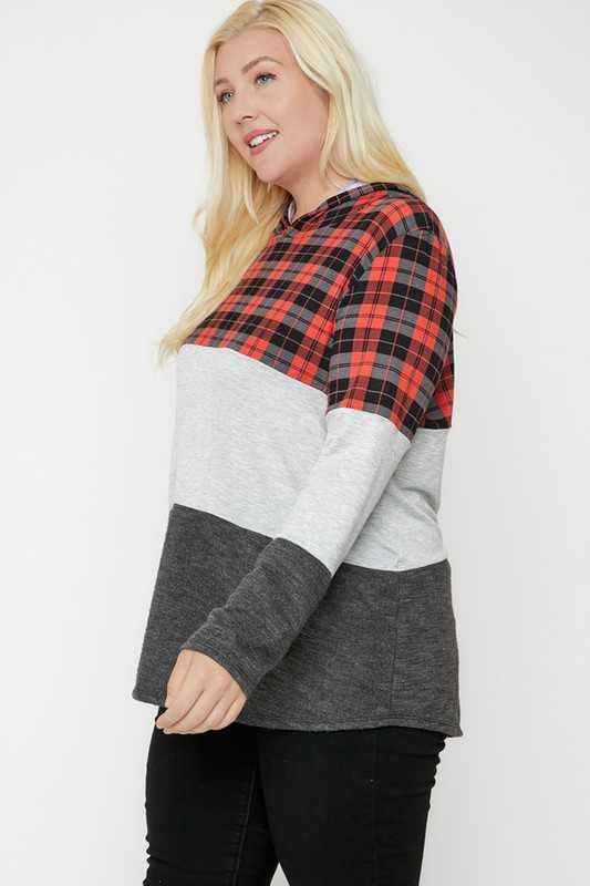 SALE! 23 HD-F {In Perfect Order} Red Plaid Grey Hoodie PLUS SIZE XL 2X 3X