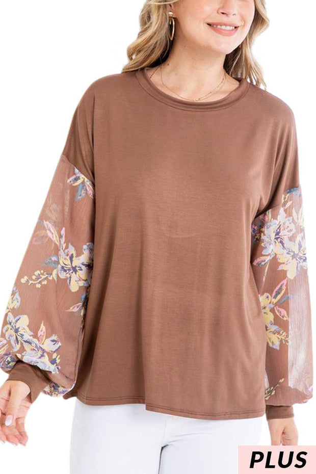 27 PLS {Pick A Flower} Mocha Top w/ Sheer Floral Sleeves PLUS SIZE 1X 2X 3X