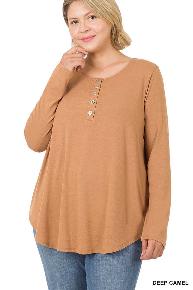 25 SLS {Take Your Turn} Dk Camel Long Sleeve Top w/Buttons PLUS SIZE 1X 2X 3X