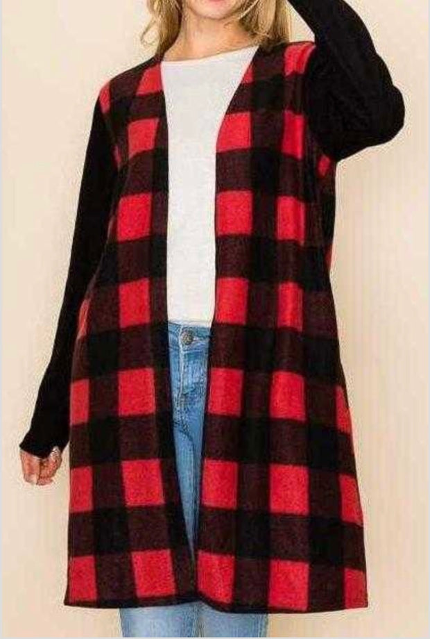 35 OT-B {Keep Me Honest} Red/Black Plaid Long Cardigan Plus Size 1X 2X 3X