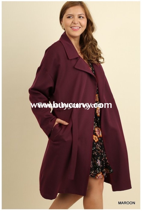 Ot-J Umgee Long Wine Coat Elastic Draw String Waist Outerwear