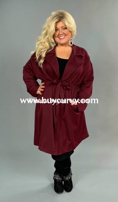 Ot-J Umgee Long Wine Coat Elastic Draw String Waist Outerwear