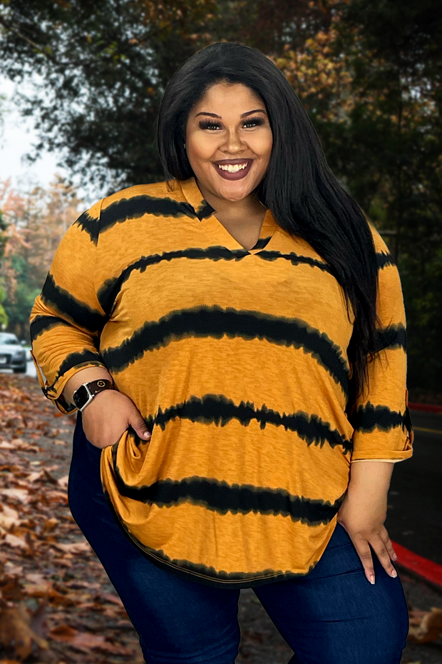 56 PQ-F {Real Time} Mustard Stripe Print Top PLUS SIZE XL 2X 3X