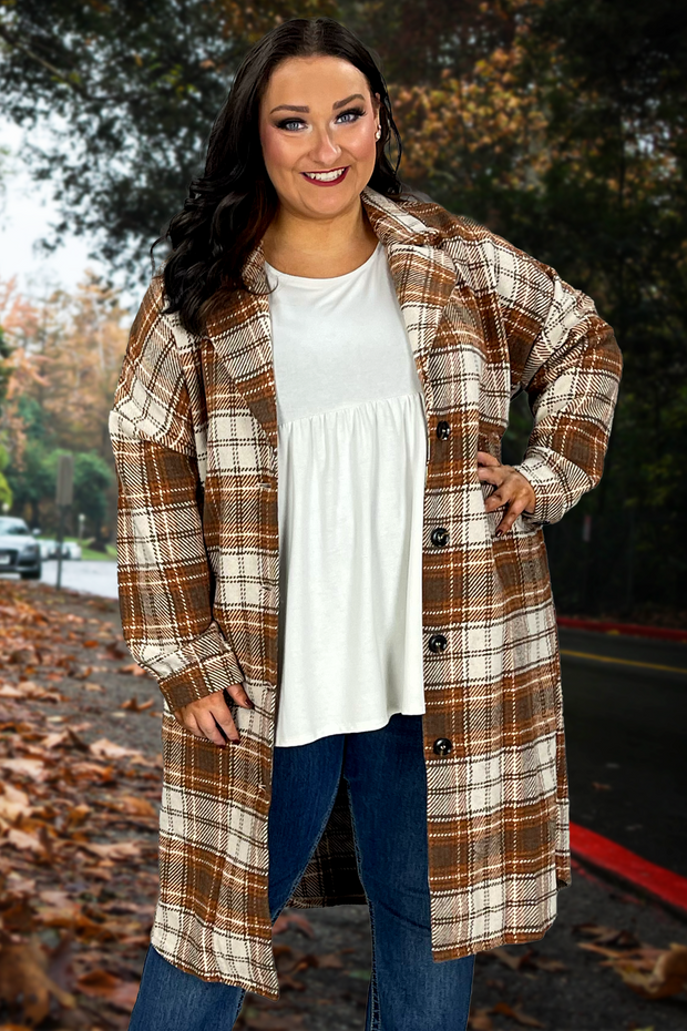 SALE!! 32 OT-D {Starting Again} "Umgee" Camel Plaid Button Up Shacket PLUS SIZE XL 1X 2X